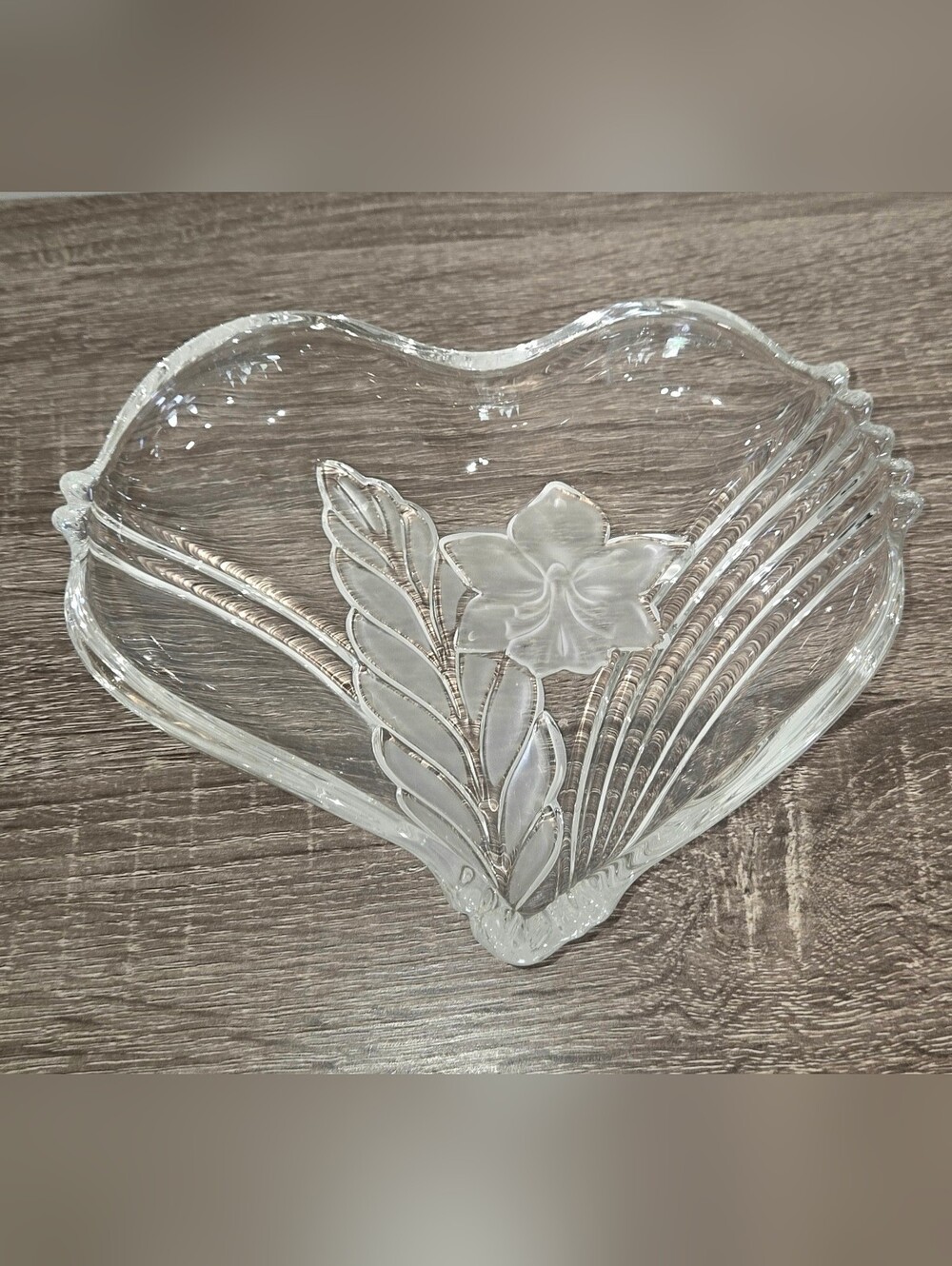 Mikasa Crystal Heart Shaped Dish With Frosted Hibiscus Flower and Leaves.